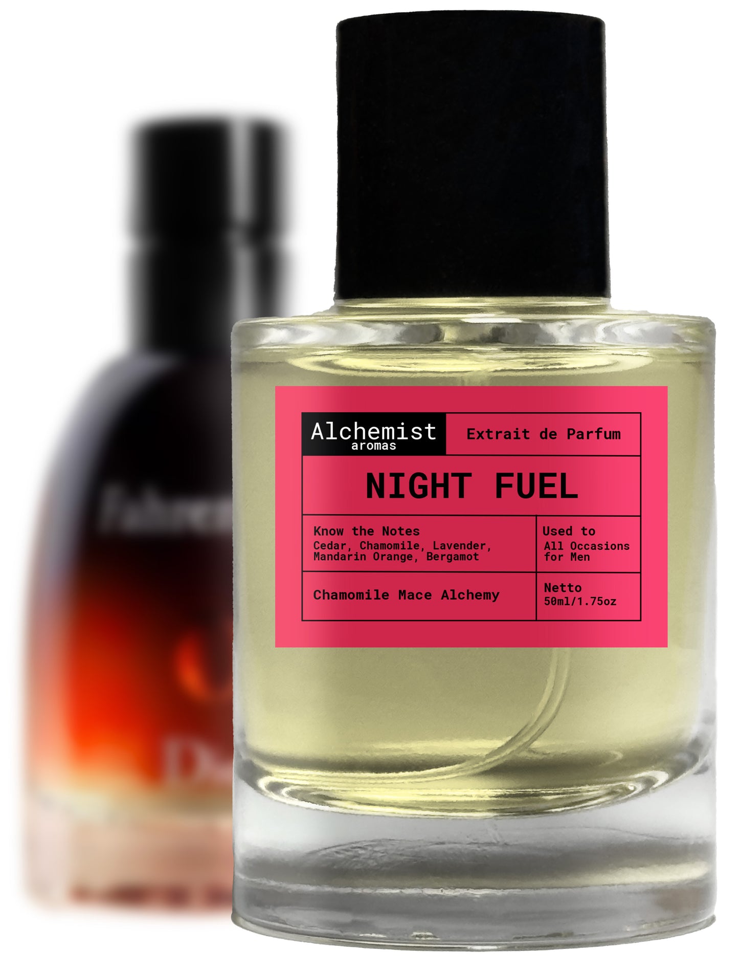 Fahrenheit Night Fuel Extrait de Parfum in a clear bottle with a pink label for a captivating fragrance experience