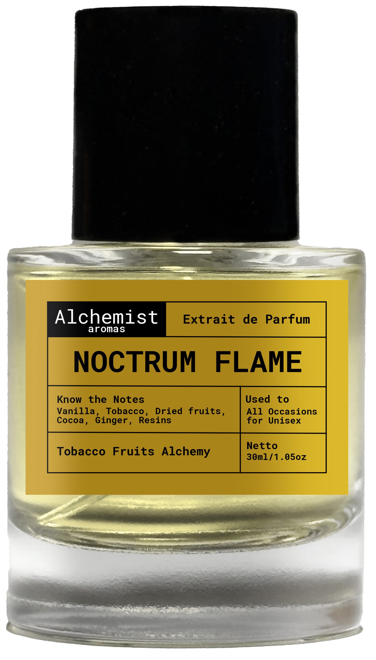 Noctrum Flame extrait de parfum by Tobacco Fruits Alchemy in a 30ml bottle, featuring vanilla and tobacco notes