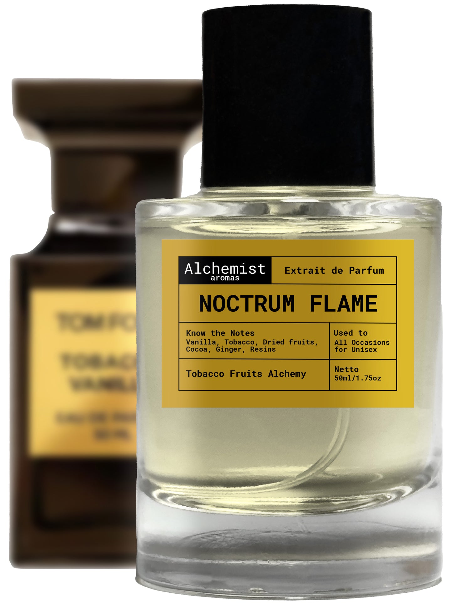 Noctrum Flame extrait de parfum in a clear bottle with notes of tobacco and spices for a warm fragrance experience