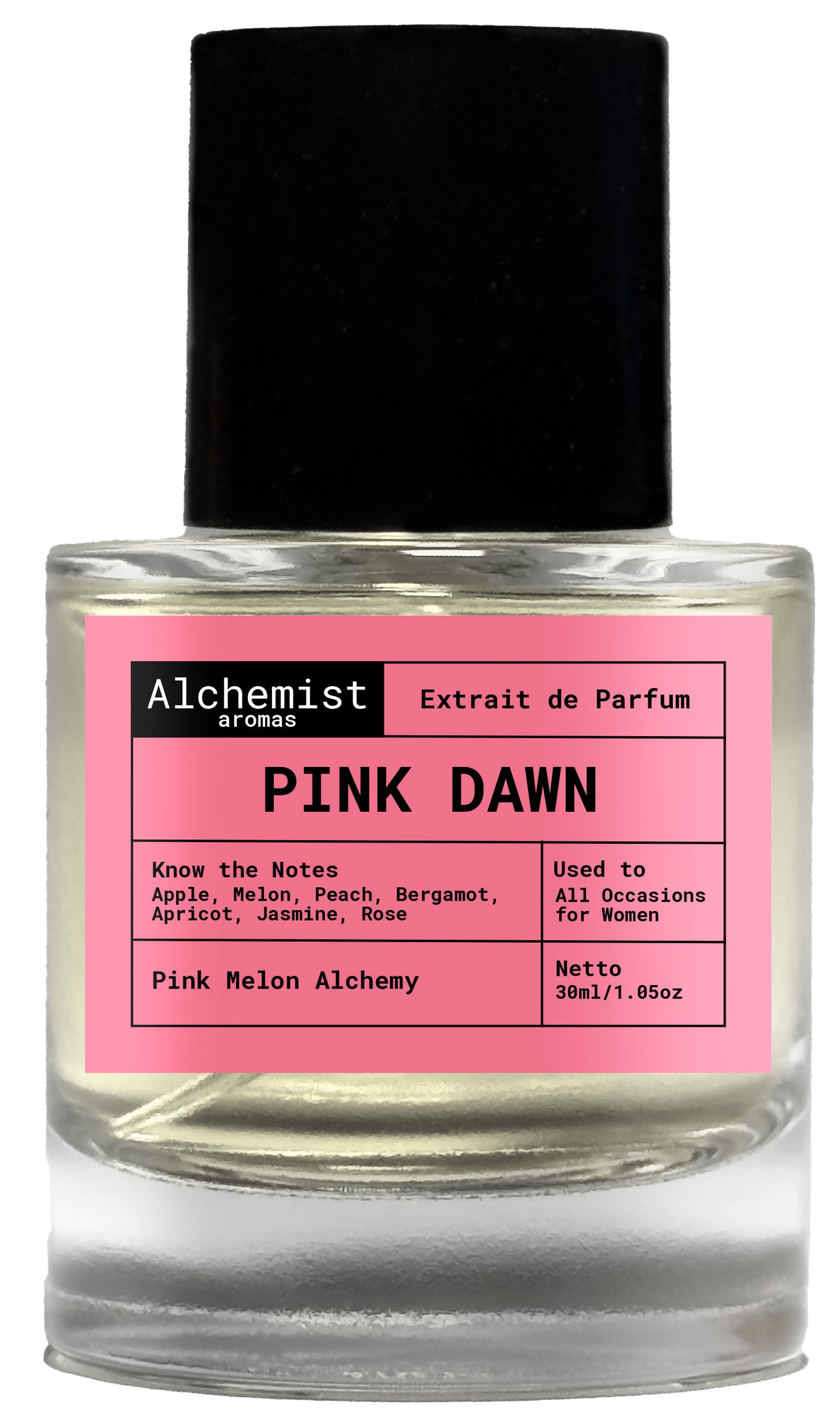 Pink Dawn Extrait de Parfum bottle from Alchemist Aromas featuring notes of apple, melon, and rose