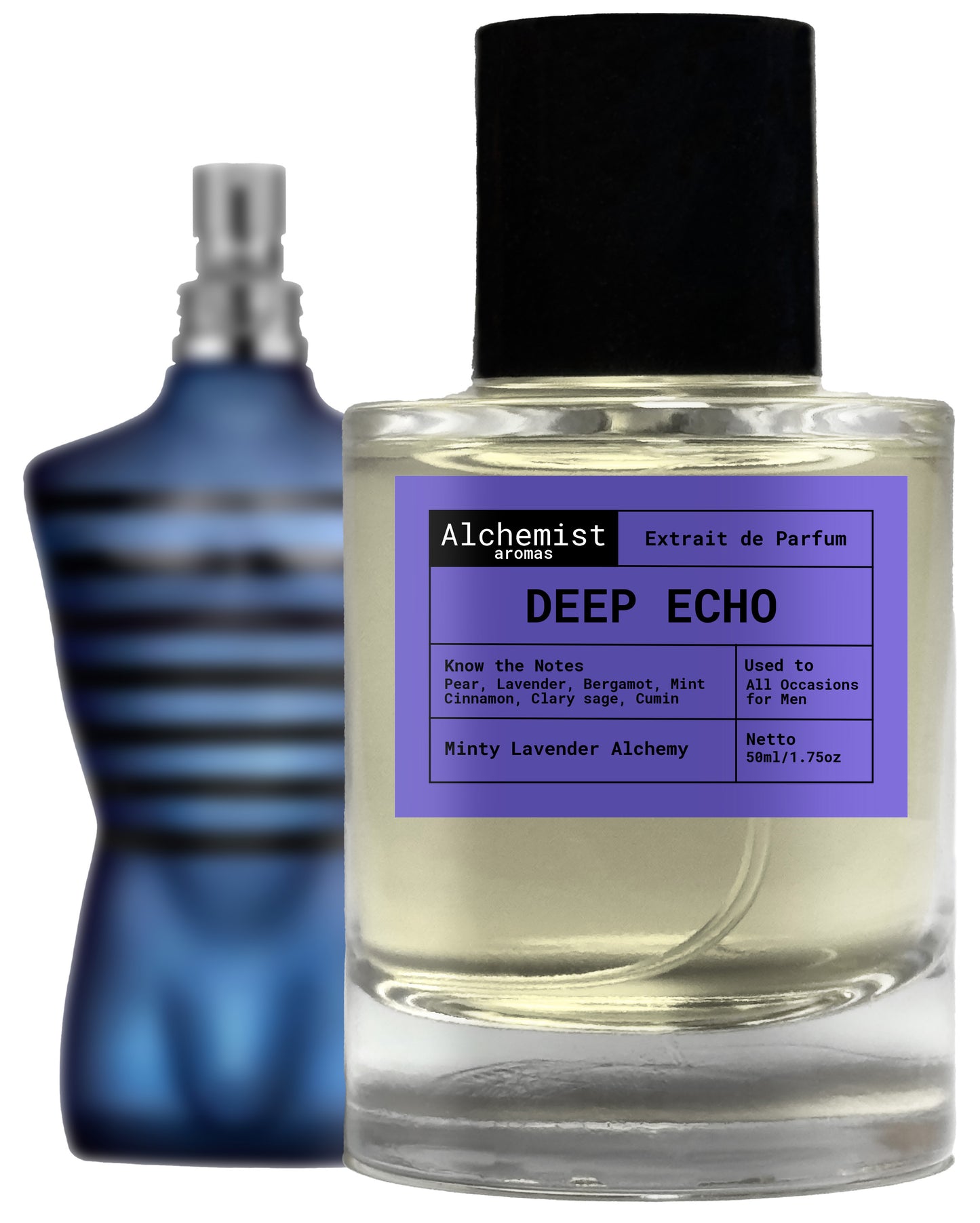 Deep Echo Extrait de Parfum by Ultra Male with minty lavender scent and notes of bergamot, cinnamon, and cumin