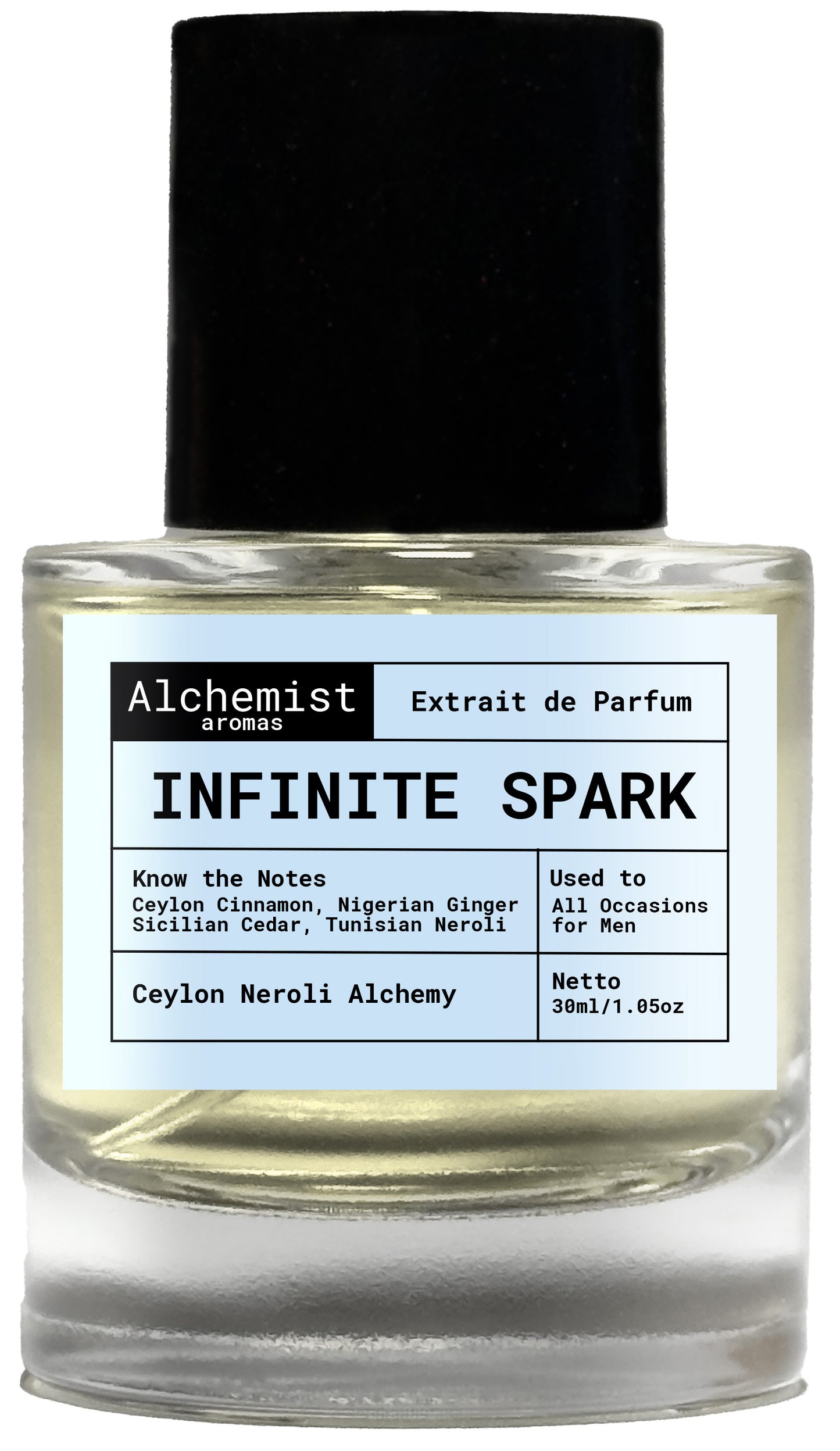 Infinite spark extrait de parfum in a clear bottle, featuring notes of cinnamon and ginger for all occasions