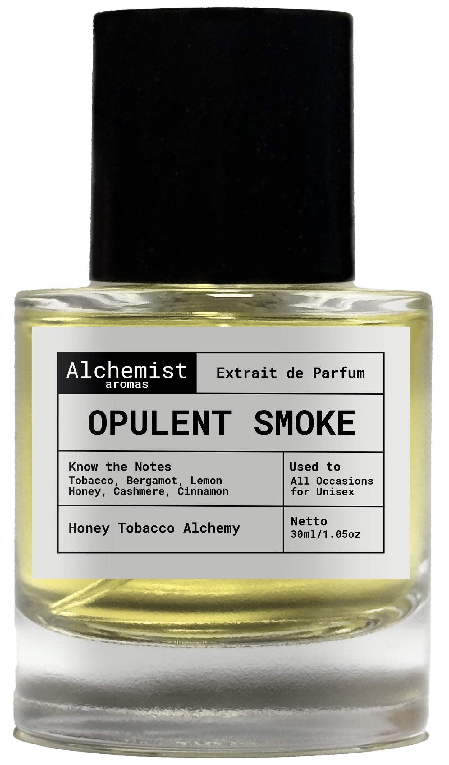 Alchemist Aromas Opulent Smoke Extrait de Parfum in a 30ml bottle with a rich blend of notes.