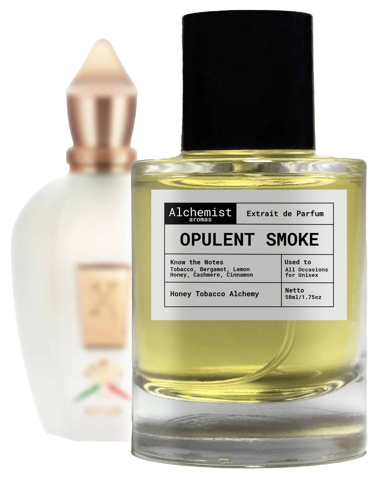 Alchemy Floral Opulent Smoke Extrait de Parfum Bottle with Golden Liquid and Elegant Design