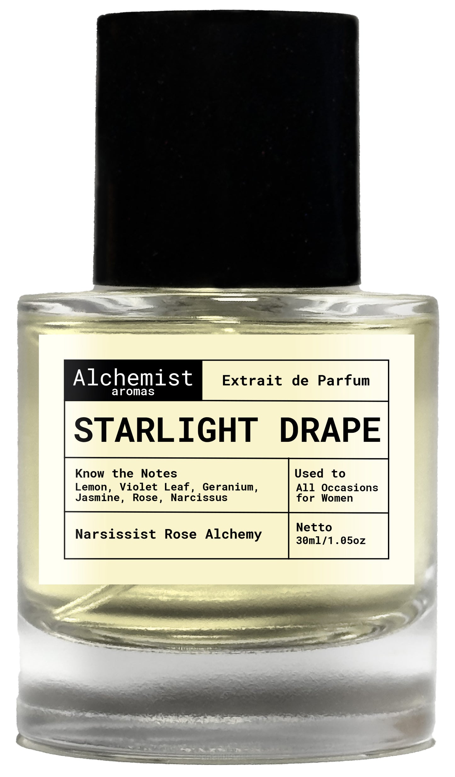 Starlight Drape Extrait de Parfum by Alchemist Aromas in a clear glass bottle with a sleek design