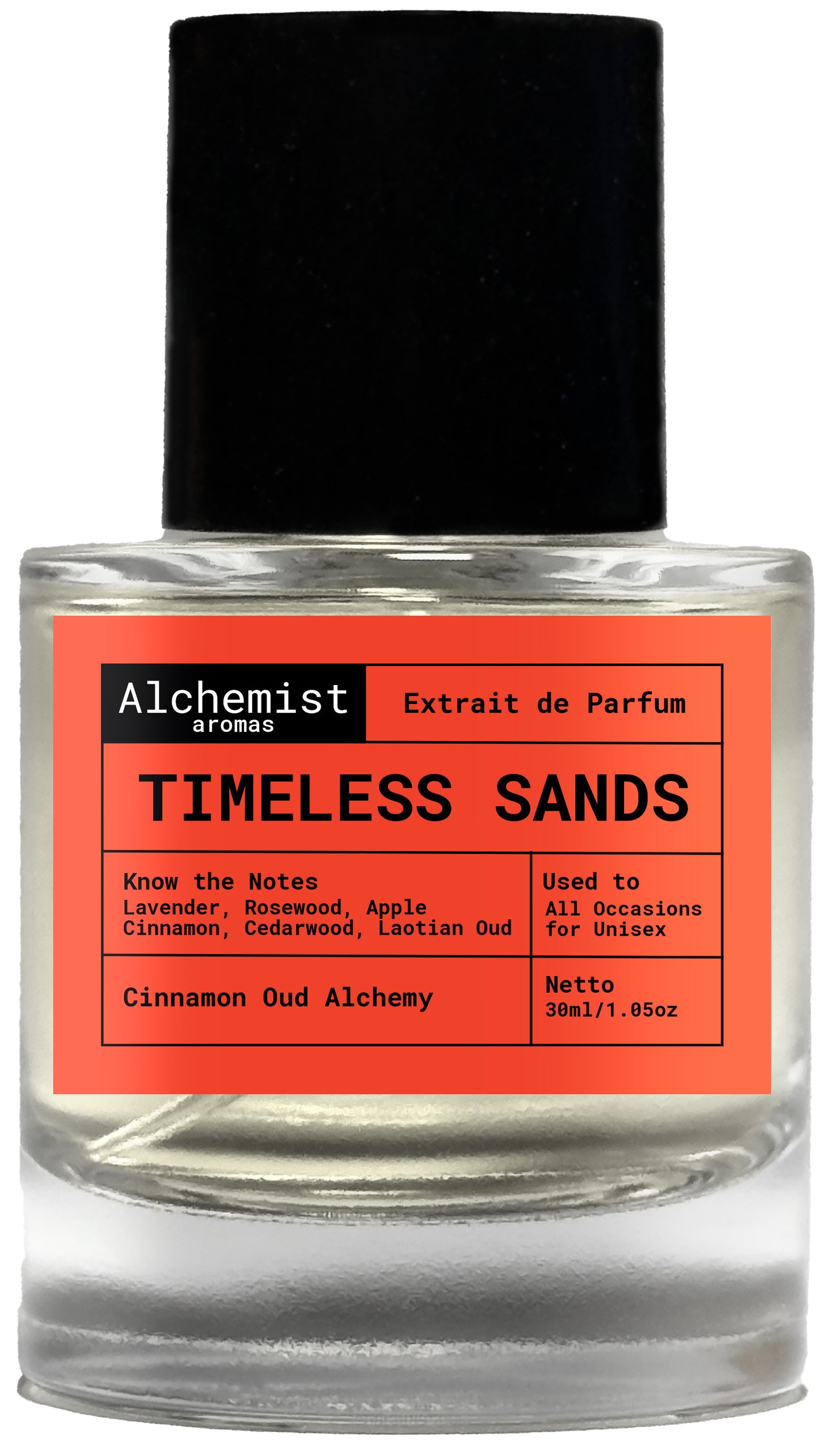 Alchemist Aromas Timeless Sands extrait de parfum in a clear bottle with black cap and vibrant label