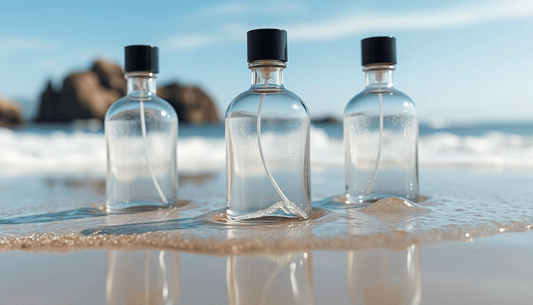 Drei klare Parfümflaschen am Strand symbolisieren Extrait de Parfum Unterschiede und ihre Konzentration