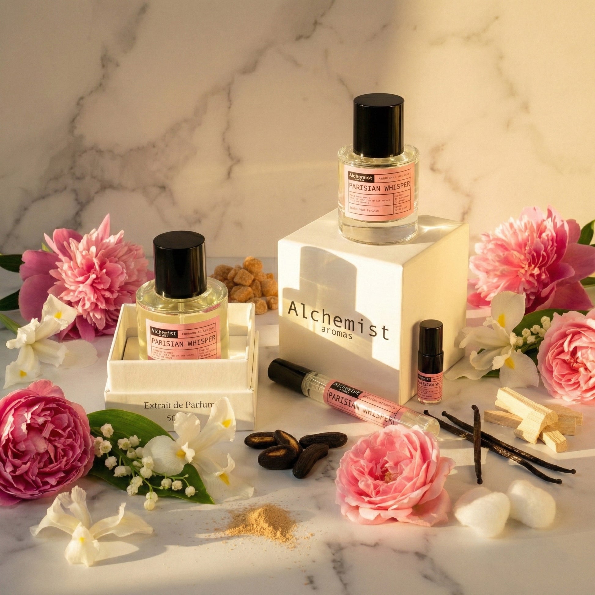 Alchemist Aromas Parisian Whisper Extrait de Parfum bottles with floral accents and elegant packaging
