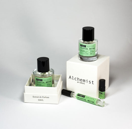 Erba Pura Celestial Nectar extrait de parfum bottles in various sizes with green labels and box