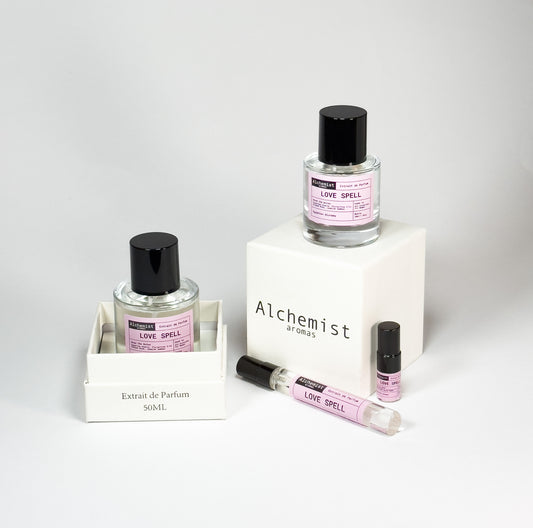 Love Spell extrait de parfum collection featuring 50ml bottle and travel sizes by Alchemist aromas