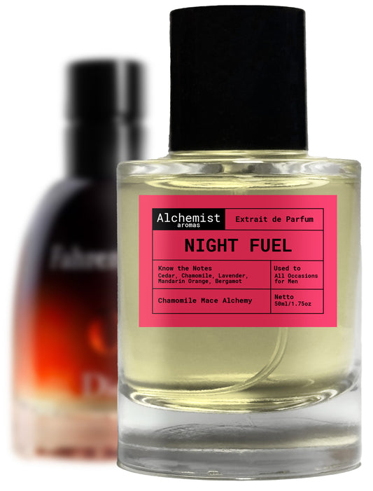 Fahrenheit Night Fuel Extrait de Parfum in a clear bottle with a pink label for a captivating fragrance experience