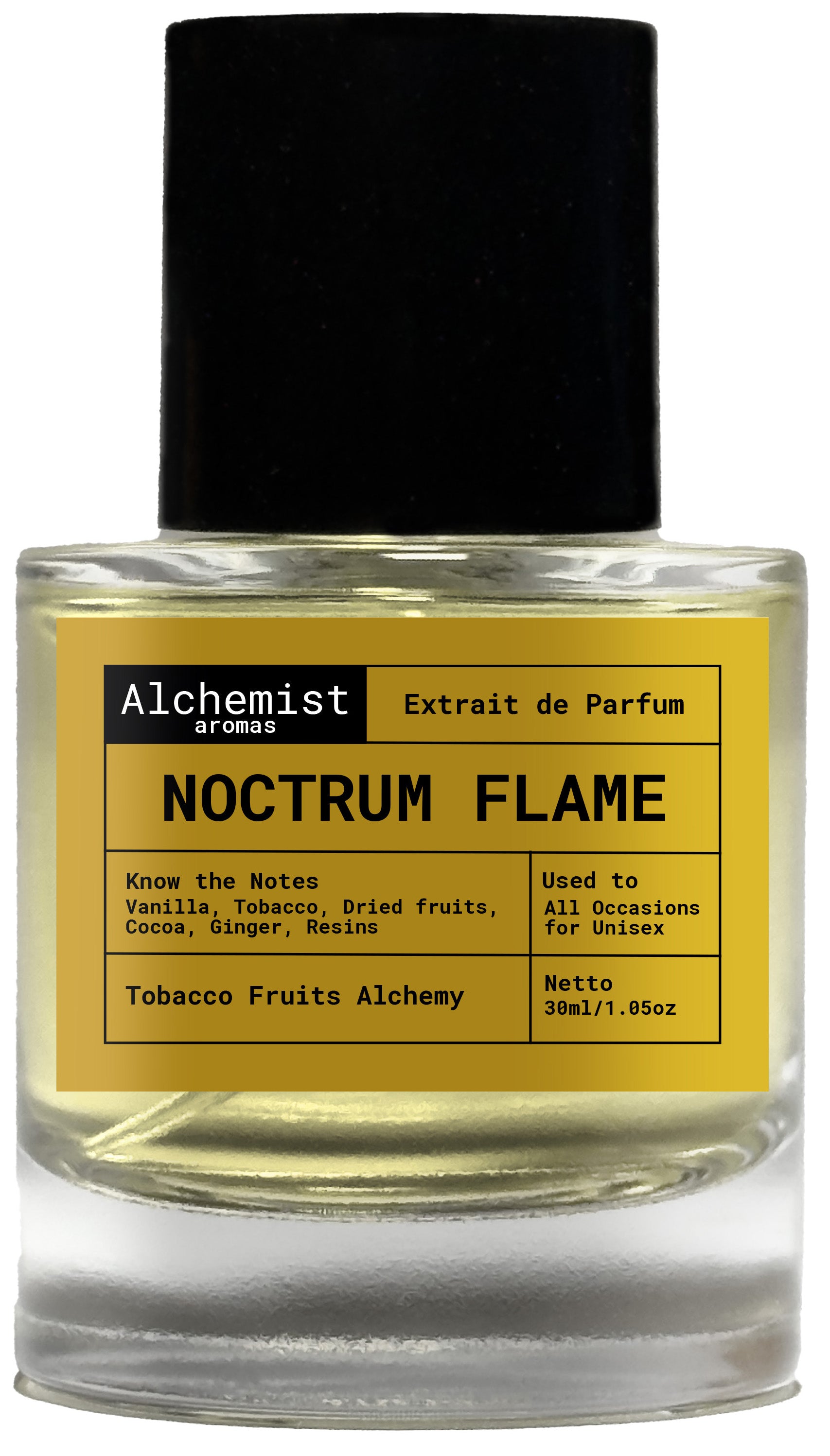 Noctrum Flame extrait de parfum by Tobacco Fruits Alchemy in a 30ml bottle, featuring vanilla and tobacco notes