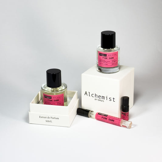 Pink Dawn Extrait de Parfum collection with various sizes in elegant packaging from Alchemist Aromas
