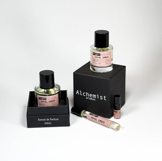 Royal Ember Extrait de Parfum collection with 50ml bottles and travel options showcasing luxurious scents