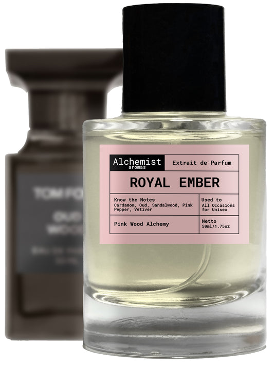 Royal Ember Extrait de Parfum bottle showcasing pink wood alchemy fragrance notes