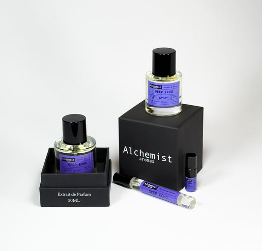 Deep Echo Extrait de Parfum by Alchemist Aromas displayed in elegant packaging with travel size options