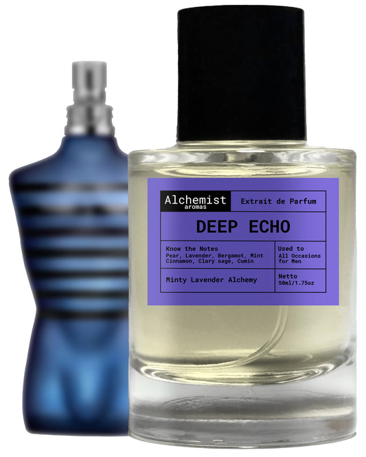 Deep Echo Extrait de Parfum by Ultra Male with minty lavender scent and notes of bergamot, cinnamon, and cumin