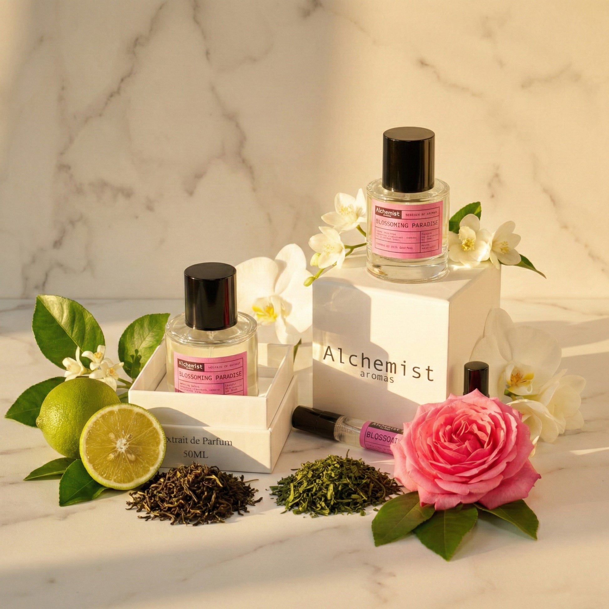 Alchemist Aromas Flower Bomb Perfume Bottles with Fresh Flowers and Citrus Fruits in Natural Setting