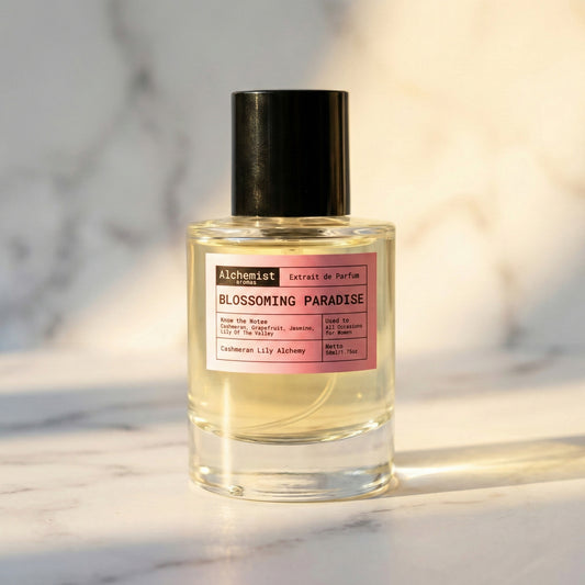 Alchemist Aromas Blossom Paradise Perfume Bottle Featuring Floral Notes in Elegant Packaging