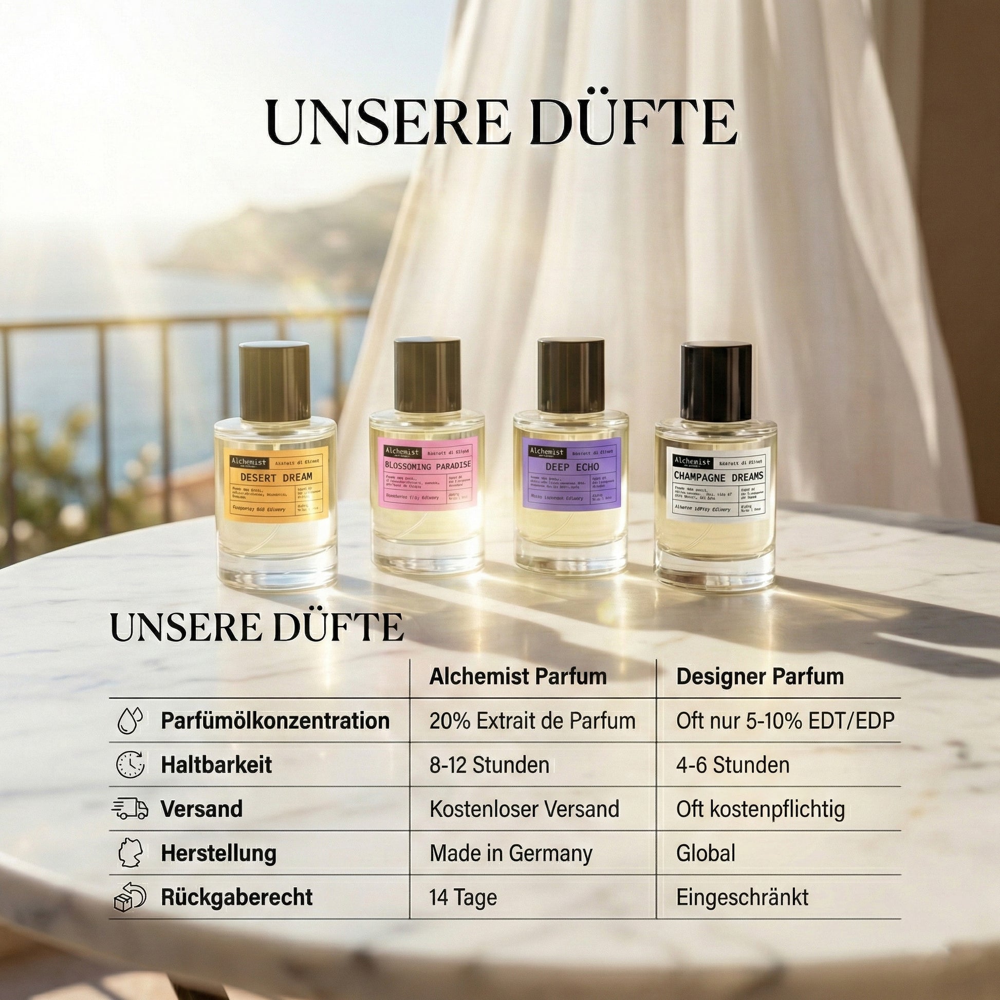 Alchemist Aromas® fragrance collection with Flower Bomb scent on a marble table overlooking a scenic view