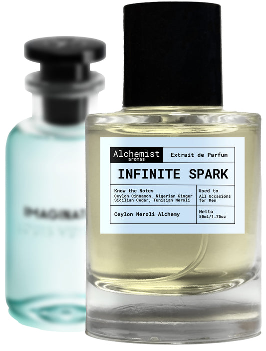 Alchemist Aromas Infinite Spark Extrait de Parfum showcasing a glass bottle with light yellow fragrance