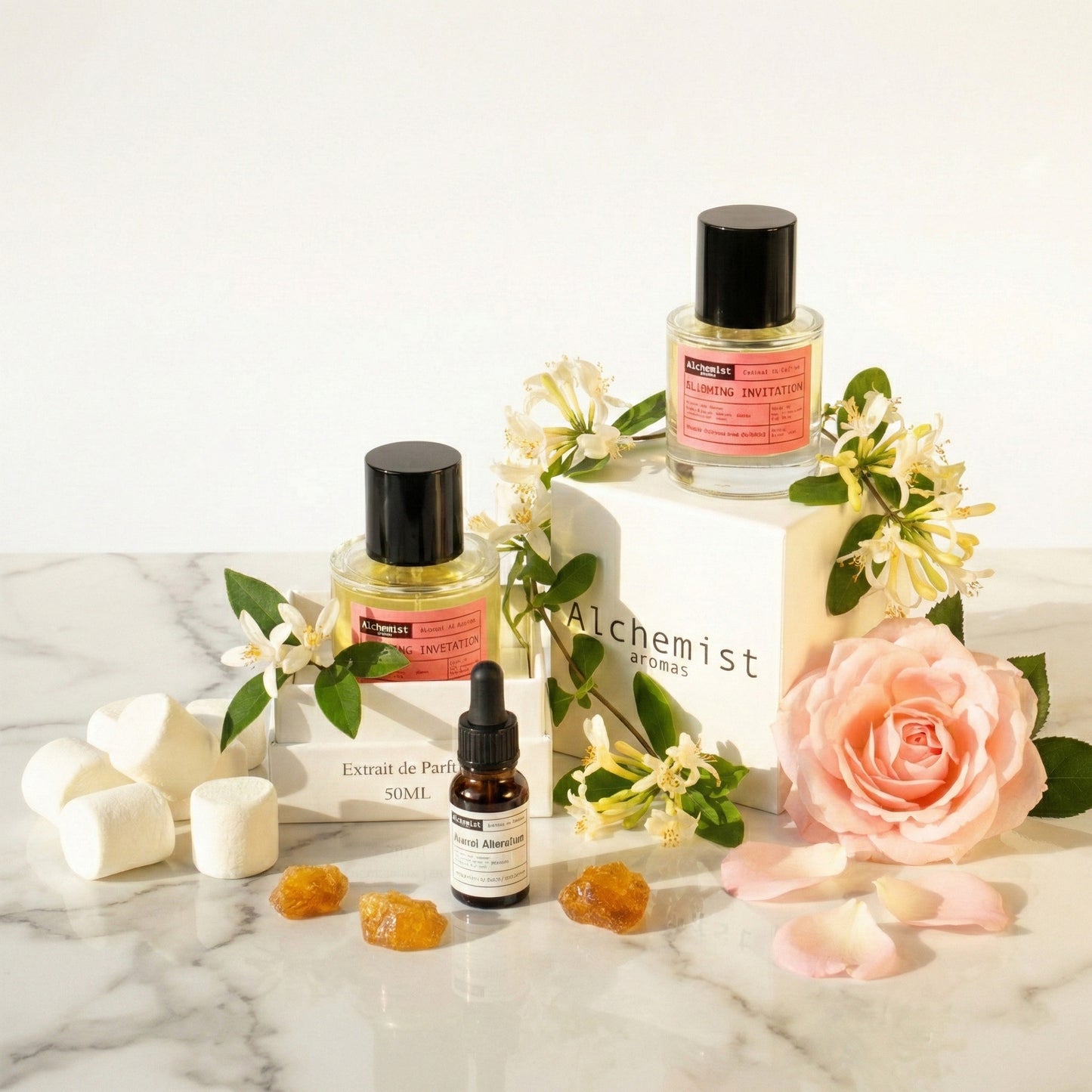 Alchemist Aromas Love don't be shy perfume and beauty products displayed with floral accents