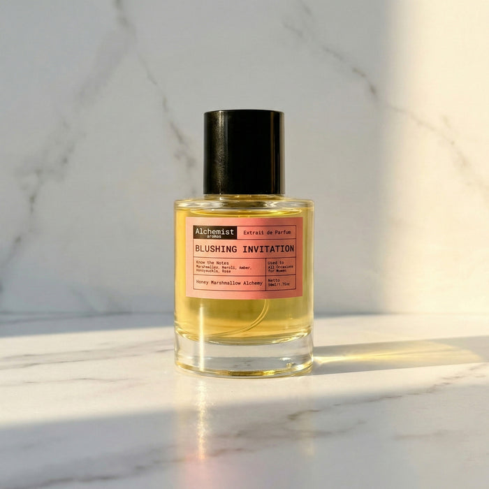 Alchemist Blushing Invitation perfume bottle with elegant design, featuring the Love don't be shy note