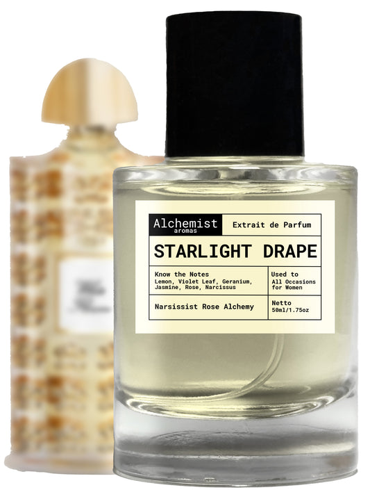 Alchemist Aromi Starlight Drape Extrait de Parfum in a sleek glass bottle with floral notes