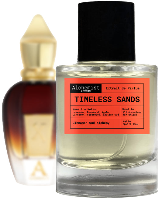 Alchemist Aromas Timeless Sands extrait de parfum in elegant bottle showcasing luxurious fragrance notes